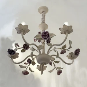 White Vintage Chandelier, Metal Kitchen Chandelier with Pink Ceramic, Pendant Chandeliers in Antique Style E14 for Bedroom, Dining Room, Living Room, 5 Lights 130505-ELSEWEDY