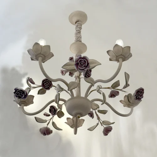 White Vintage Chandelier, Metal Kitchen Chandelier with Pink Ceramic, Pendant Chandeliers in Antique Style E14 for Bedroom, Dining Room, Living Room, 5 Lights 130505-ELSEWEDY