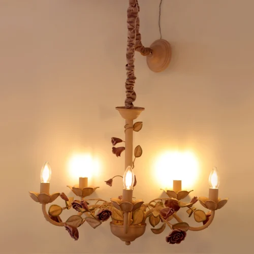 White Vintage Chandelier, Metal Kitchen Chandelier with Pink Ceramic, Pendant Chandeliers in Antique Style E14 for Bedroom, Dining Room, Living Room, 5 Lights 130505-ELSEWEDY - Image 2