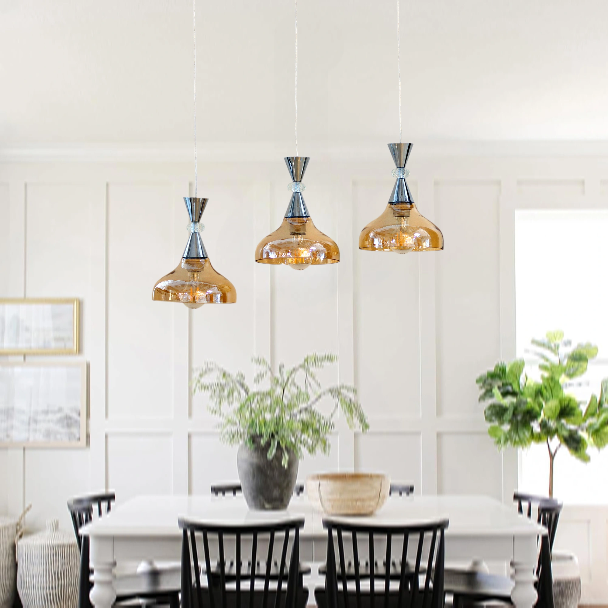 3-Light Pendant Lighting, 3 Pendant Light Fixture for Kitchen Island, Dining Lamp Ceiling Hanging, with Adjustable Cord and Glass Shade for Farmhouse Living Dining Room Bar E27*3 Iron and Glass Amber Color 2058/3-ELSEWEDY - Image 3