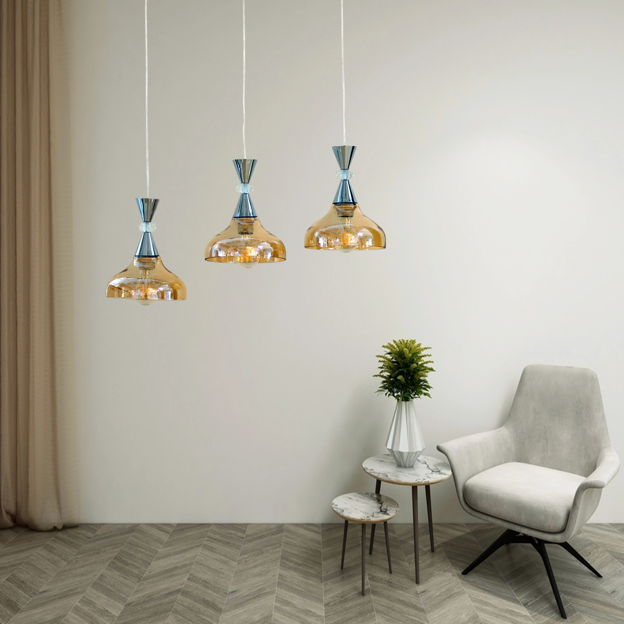3-Light Pendant Lighting, 3 Pendant Light Fixture for Kitchen Island, Dining Lamp Ceiling Hanging, with Adjustable Cord and Glass Shade for Farmhouse Living Dining Room Bar E27*3 Iron and Glass Amber Color 2058/3-ELSEWEDY - Image 2