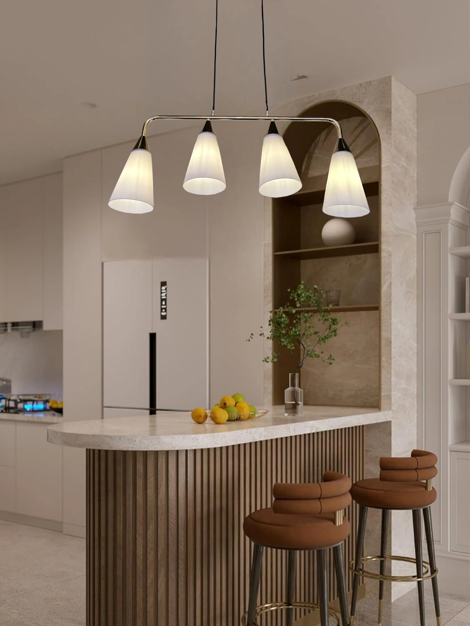 Pendant Light 4-Heads Glass Hanging Lamp Indoor Adjustable Restaurant Iron Chandelier Drop Light Clothing Store Cafe Decoration Ceiling Lighting E27*4 Iron and Glass White/Gold Color 2066/4-ELSEWEDY - Image 4
