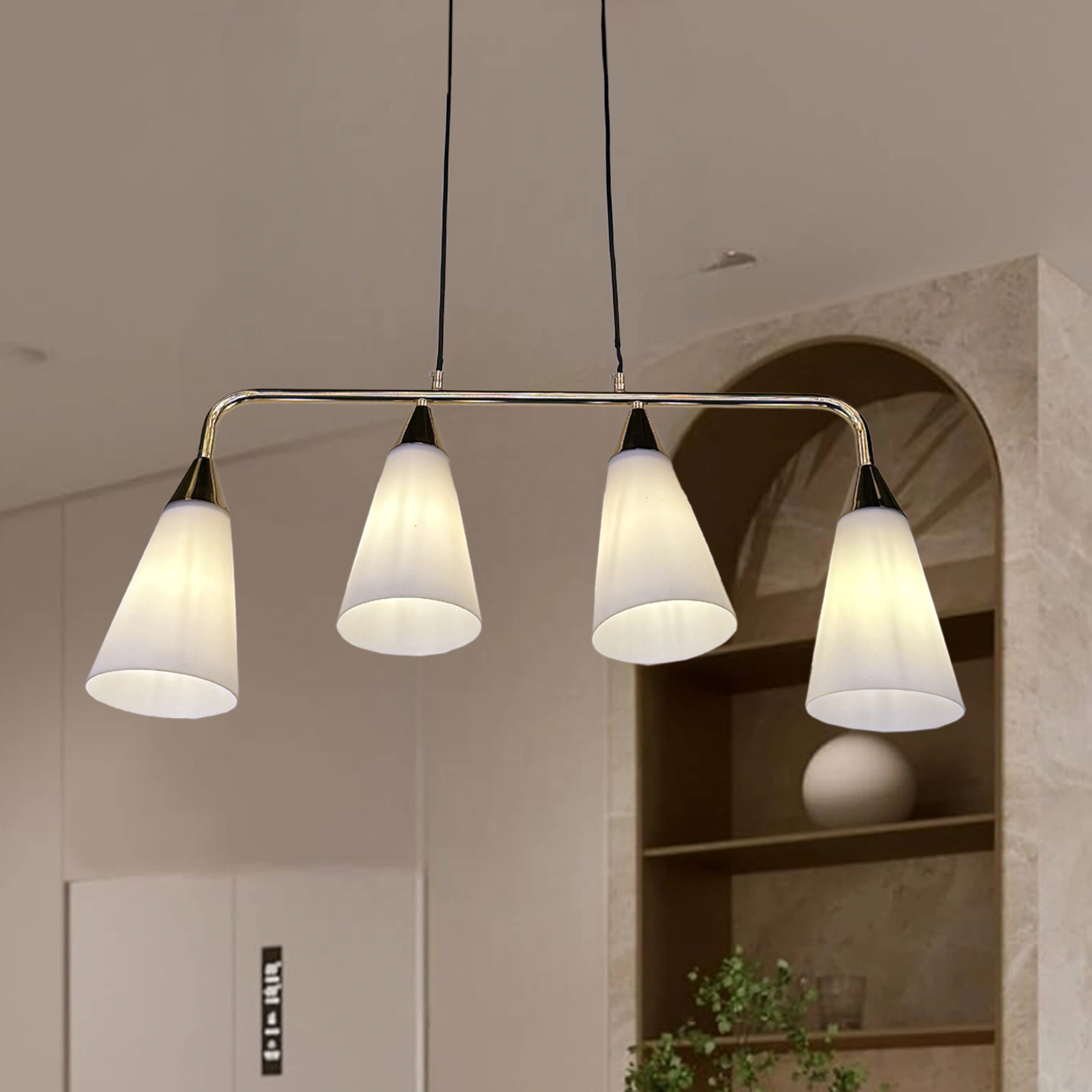 Pendant Light 4-Heads Glass Hanging Lamp Indoor Adjustable Restaurant Iron Chandelier Drop Light Clothing Store Cafe Decoration Ceiling Lighting E27*4 Iron and Glass White/Gold Color 2066/4-ELSEWEDY - Image 3