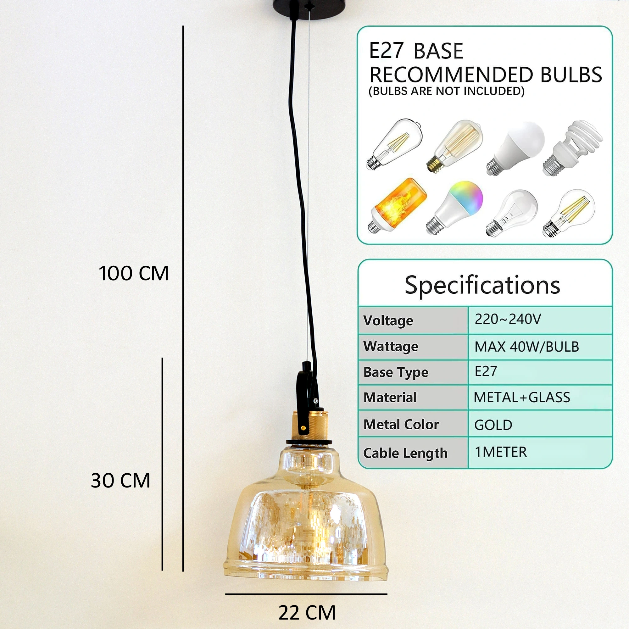 Kitchen Island Pendant Light Fixtures 3000K LED Amber Modern Ceiling Hanging Lighting Amber Glass Shade Nordic Style Adjustable Pendant Lamp for Dining Room Bedroom Hallway 2109/1-ELSEWEDY - Image 2