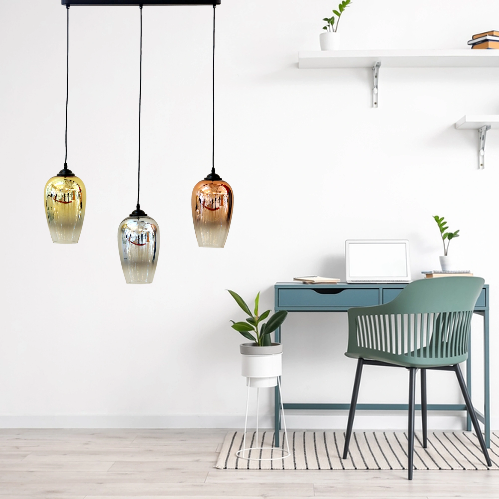 Pendant Lights Kitchen Island Chandelier Globes Glass, 3 Lights Modern Linear Barn Hanging Pendant Lighting for Dining Room, Cluster Ceiling Lighting Fixture for Foyer E27*3 Iron and Glass Chrome Color 2113/3-ELSEWEDY - Image 3