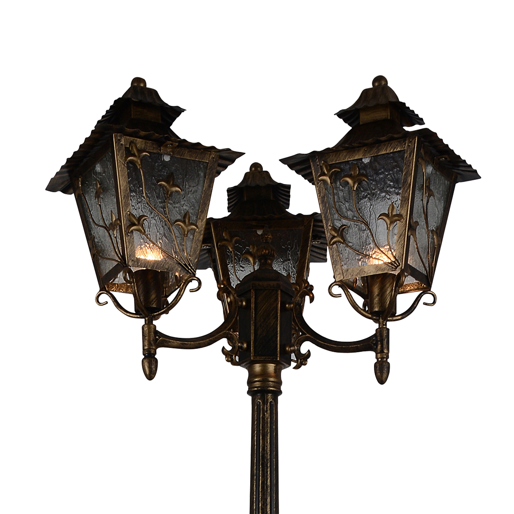 Elsewedy Outdoor Lamp Post Light 3-Head, Classic Gold Street Light Pole with Clear Glass Panels, E27 Base– 220cm Tall, 3x Max 100W (Bulbs Not Included) - Image 3