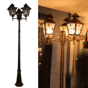 Elsewedy Outdoor Lamp Post Light 3-Head, Classic Gold Street Light Pole with Clear Glass Panels, E27 Base– 220cm Tall, 3x Max 100W (Bulbs Not Included)