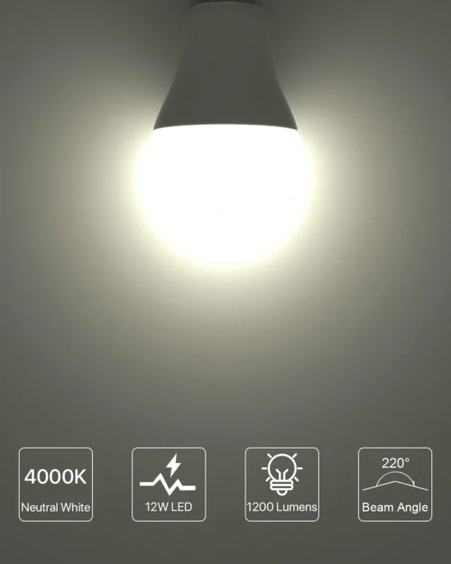 E27 Screw Bulb, Neutral White 4000K, 12W E27 LED Bulb Equivalent to 100 Watts Incandescent Bulb, 1200LM Super Bright Screw in Light Bulbs for Lamps, Non-dimmable A60-12W/E27-4000K - Image 2