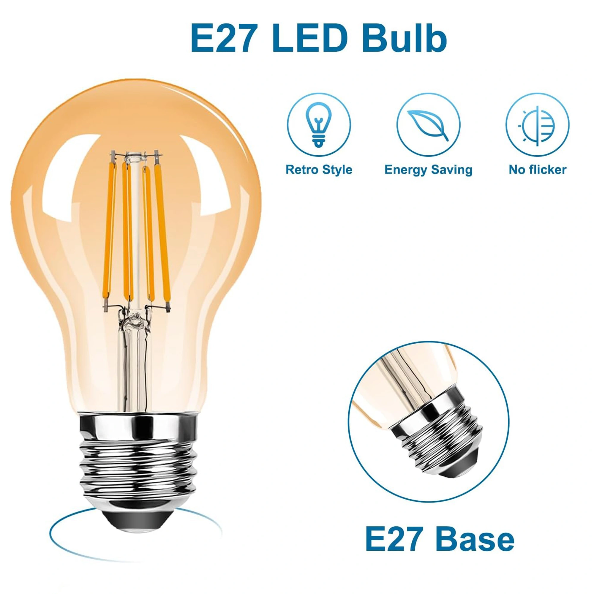E27 Screw Bulb, Vintage E27 LED Light Bulbs,A60 6.5W Edison Screw Bulb, Filament Light Bulbs, Warm White 2200K, 350LM, Equivalent 35W, Decorative Light Bulbs, AC230V,Amber A60-6.5W/E27-AMBER - Image 4