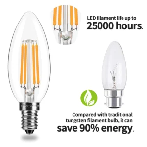 E14 LED Candle Bulbs, C35 6.5W LED Filament Bulbs 40W Incandescent Equivalent, White, Warm White, Amber C35-6.5W
