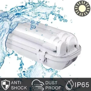 LED Waterproof 2ft T8 Double Tube Light Fixture, 18W, 4000lm, 6000K (Bright White), Clear Cover, IP65 Rated – Indoor/Outdoor LED Lighting for Corridor, Garage, Mall, Factory, Industrial Use