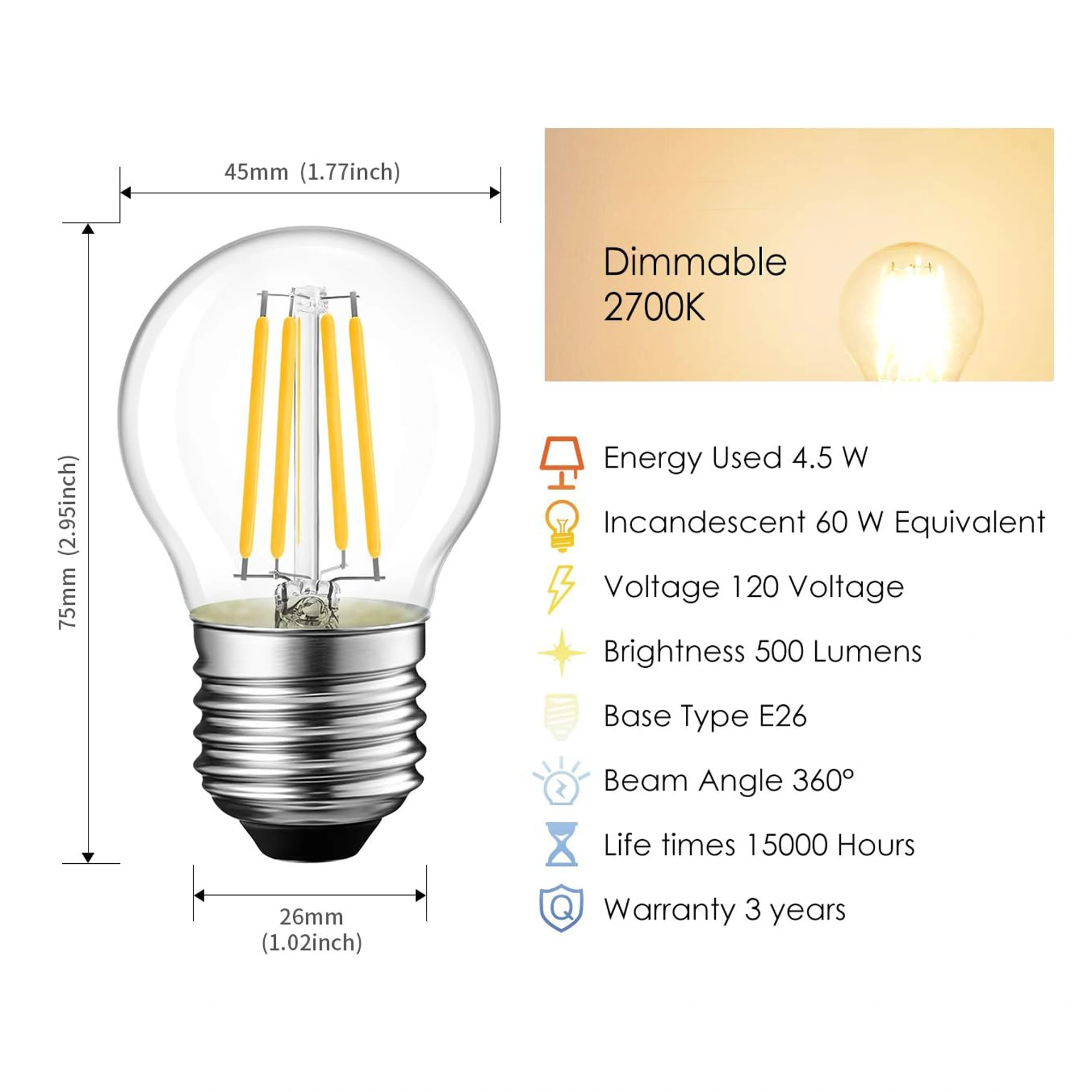 G45 LED Filament Bulb, Dimmable, 4.5W (60W Equivalent), 500 Lumens, Vintage Edison LED Globe Bulb, 2700K Warm White, E26 Medium Base G45-4.5W-3000K-DIM - Image 3
