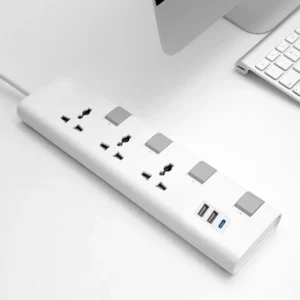 Elsewedy Universal Extension Lead Surge Protector – 4 and 3 Universal Outlets & 3 USB Ports, Individual Switches, Overload Protection, Durable Power Strip with 3M/5M Cord, White