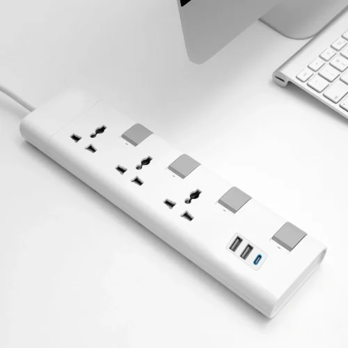 Elsewedy Universal Extension Lead Surge Protector – 4 and 3 Universal Outlets & 3 USB Ports, Individual Switches, Overload Protection, Durable Power Strip with 3M/5M Cord, White