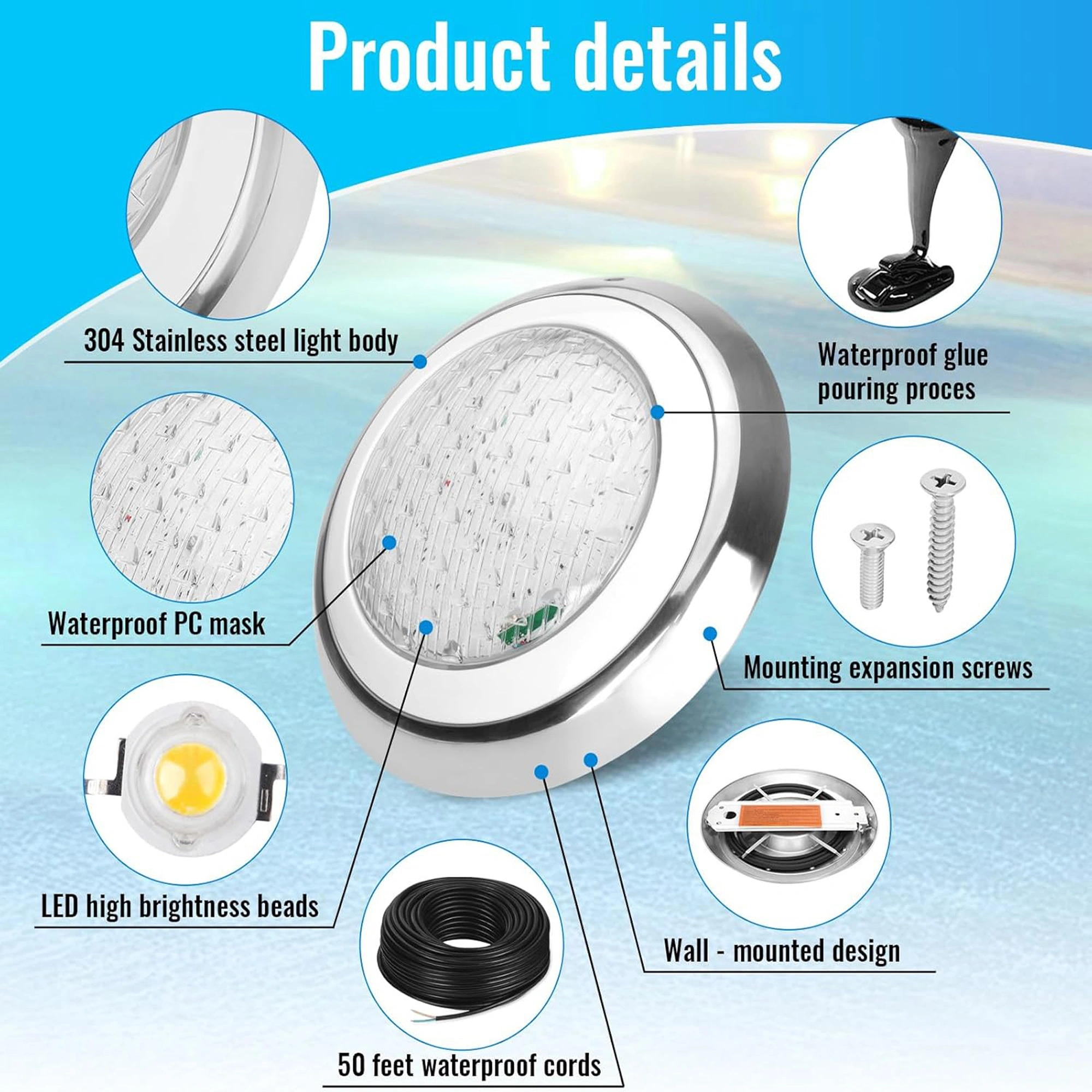 Elsewedy Ø30cm Submersible LED Pool Light, 12V 18W, Color Changing RGB & 3000K Warm White, IP68 Waterproof Underwater Light for Inground Pools, Ponds, Fountains - Image 4
