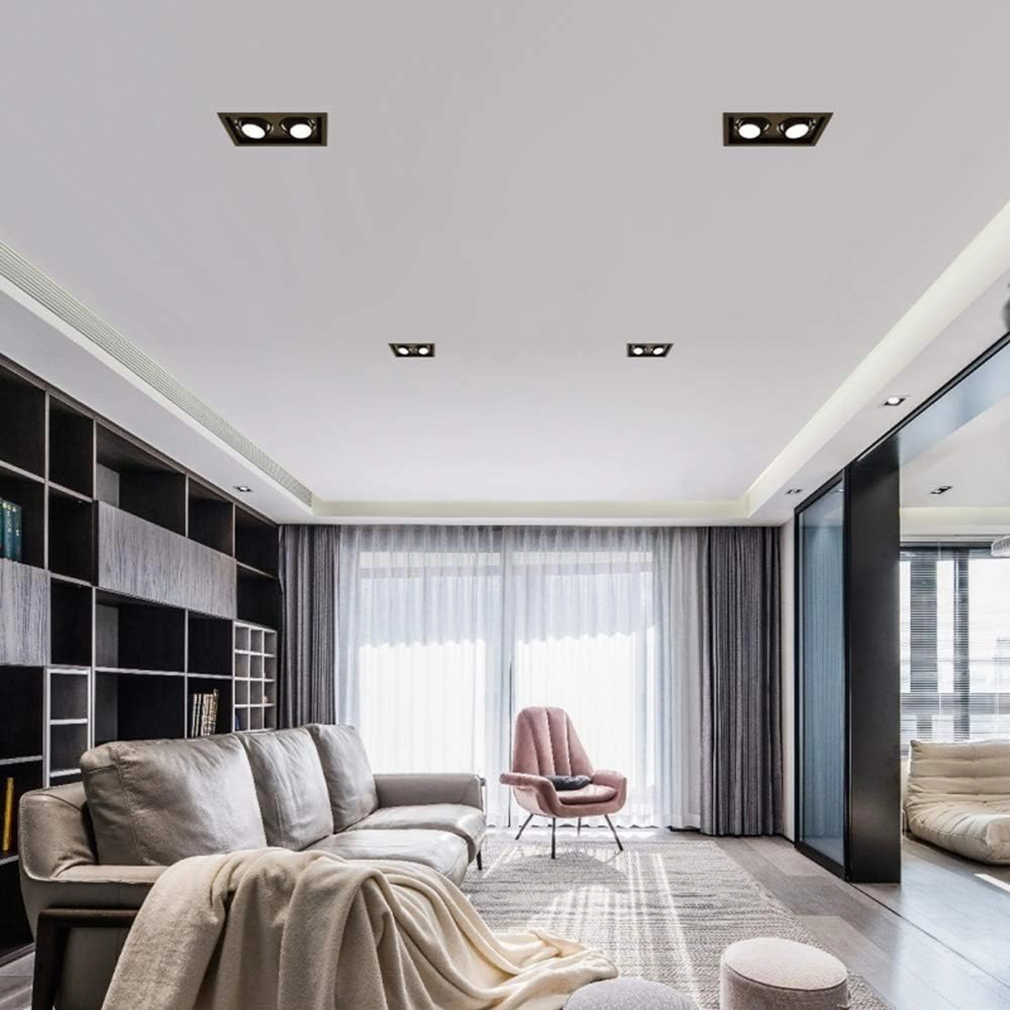 Recessed Double Head Ceiling Spot Light, Natural White, Day White, Indoor 30W LED Spotlight 180°Adjustable Ceiling Downlight, 4000K/6000K Rectangle Housing Light WT-991-15W*2 - Image 3