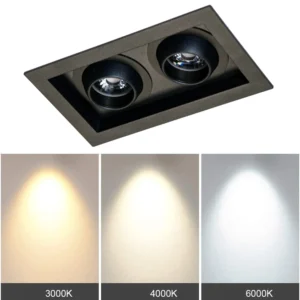 Recessed Double Head Ceiling Spot Light, Natural White, Day White, Indoor 30W LED Spotlight 180°Adjustable Ceiling Downlight, 4000K/6000K Rectangle Housing Light WT-991-15W*2