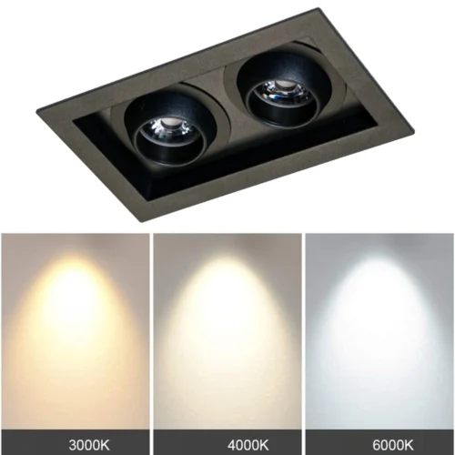 Recessed Double Head Ceiling Spot Light, Natural White, Day White, Indoor 30W LED Spotlight 180°Adjustable Ceiling Downlight, 4000K/6000K Rectangle Housing Light WT-991-15W*2